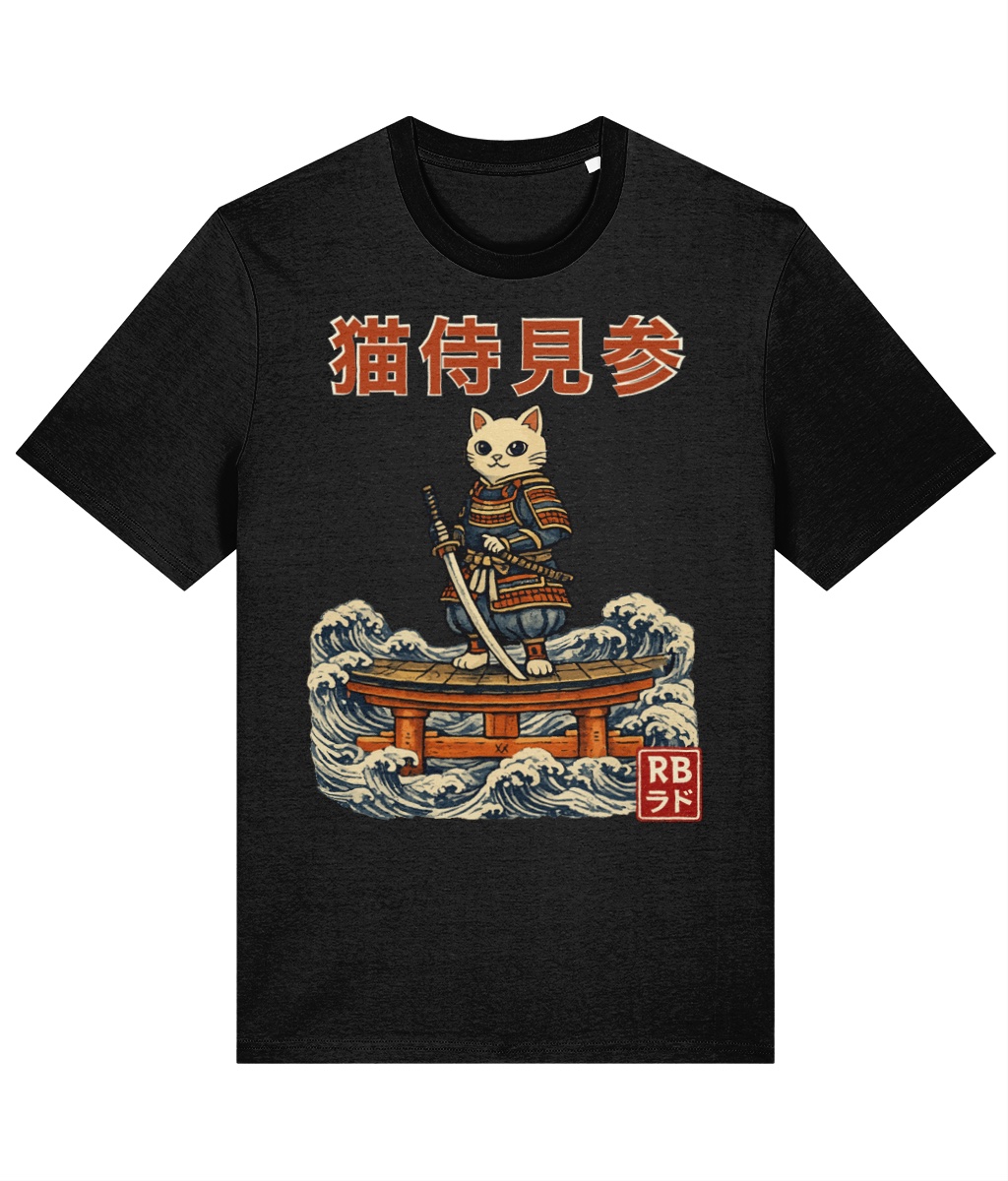 Black T-shirt mockup featuring the Cat Samurai illustration above curling waves