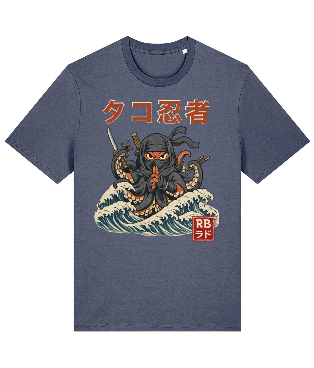 Blue-grey T-shirt mockup featuring the Octo Ninja illustration among waves