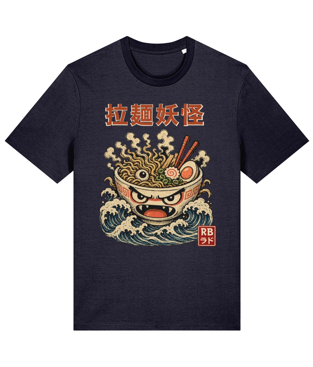 French Navy T-shirt mockup featuring the Ramen Demon illustration rising from waves