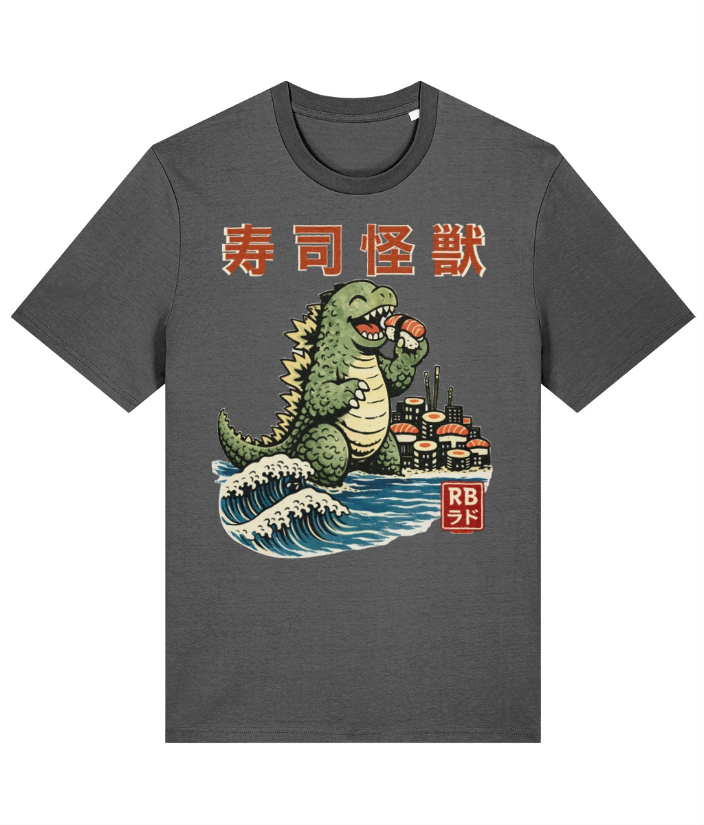 Anthracite T-shirt mockup featuring the Sushi Kaiju illustration eating sushi